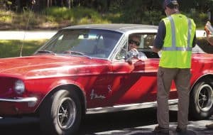 Louise Walker in her vintage Ford Mustang.