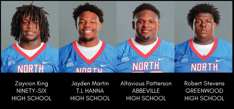Four people wearing blue sports jerseys with "North" displayed. Jerseys feature a design patch. Text below shows their names and high schools.